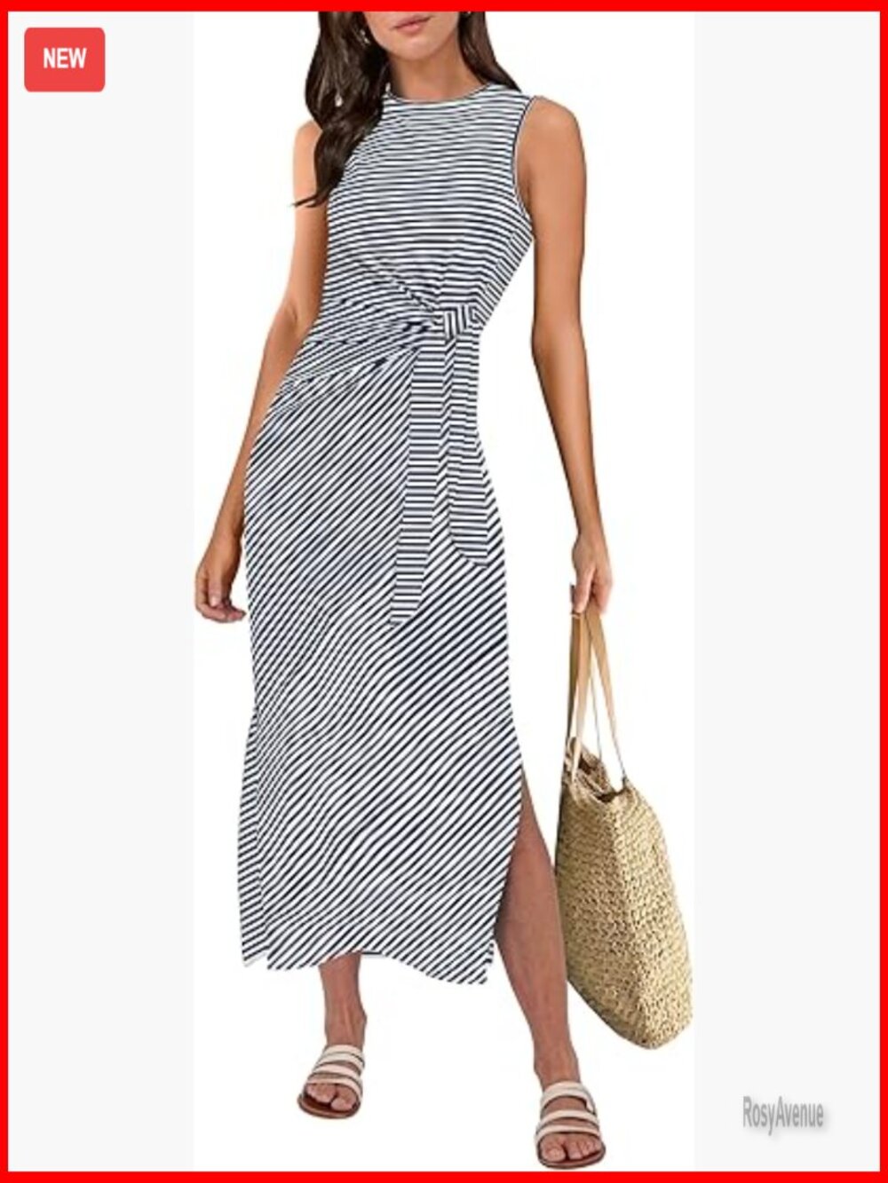 Slim Fit Midi Dress Sleeveless Tie Waist Split Tank Casual Summer Vacation